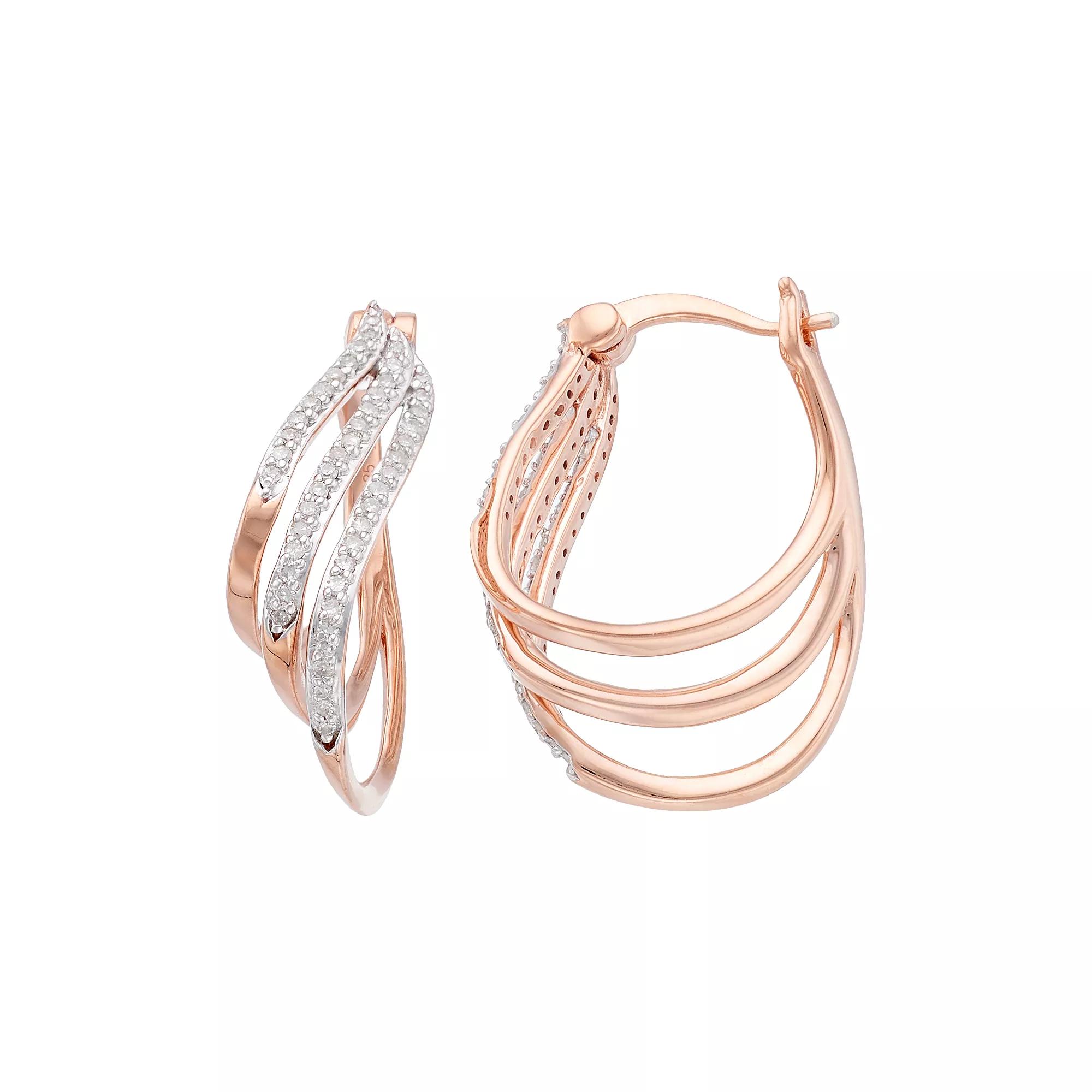 14k Rose Gold Over Silver 1/3 Carat T.W. Diamond U-Hoop Earrings, Women's, Gold Tone Product Image