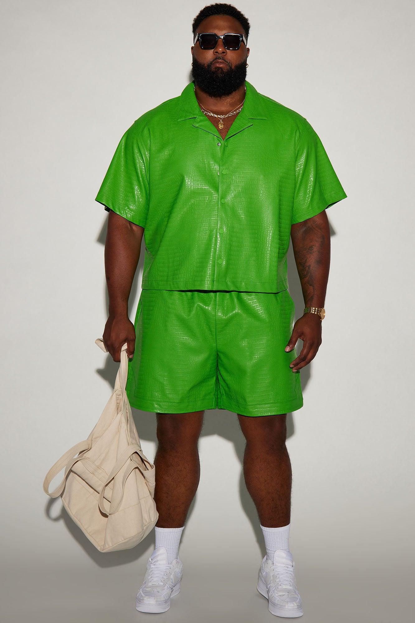 Gotta Run Faux Croc Leather Cropped Button Up Shirt - Green Product Image