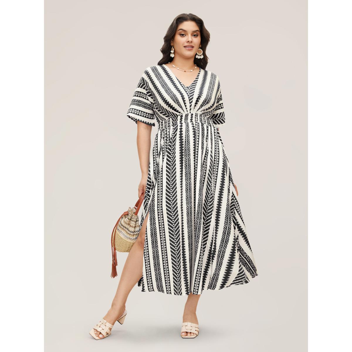 Plus Size Solid Geometric Dolman Sleeve Pocket Shirred Split Hem Dress Beige Women Boho Non V-neck Half Sleeve Curvy Long Dress BloomChic 10/M Product Image