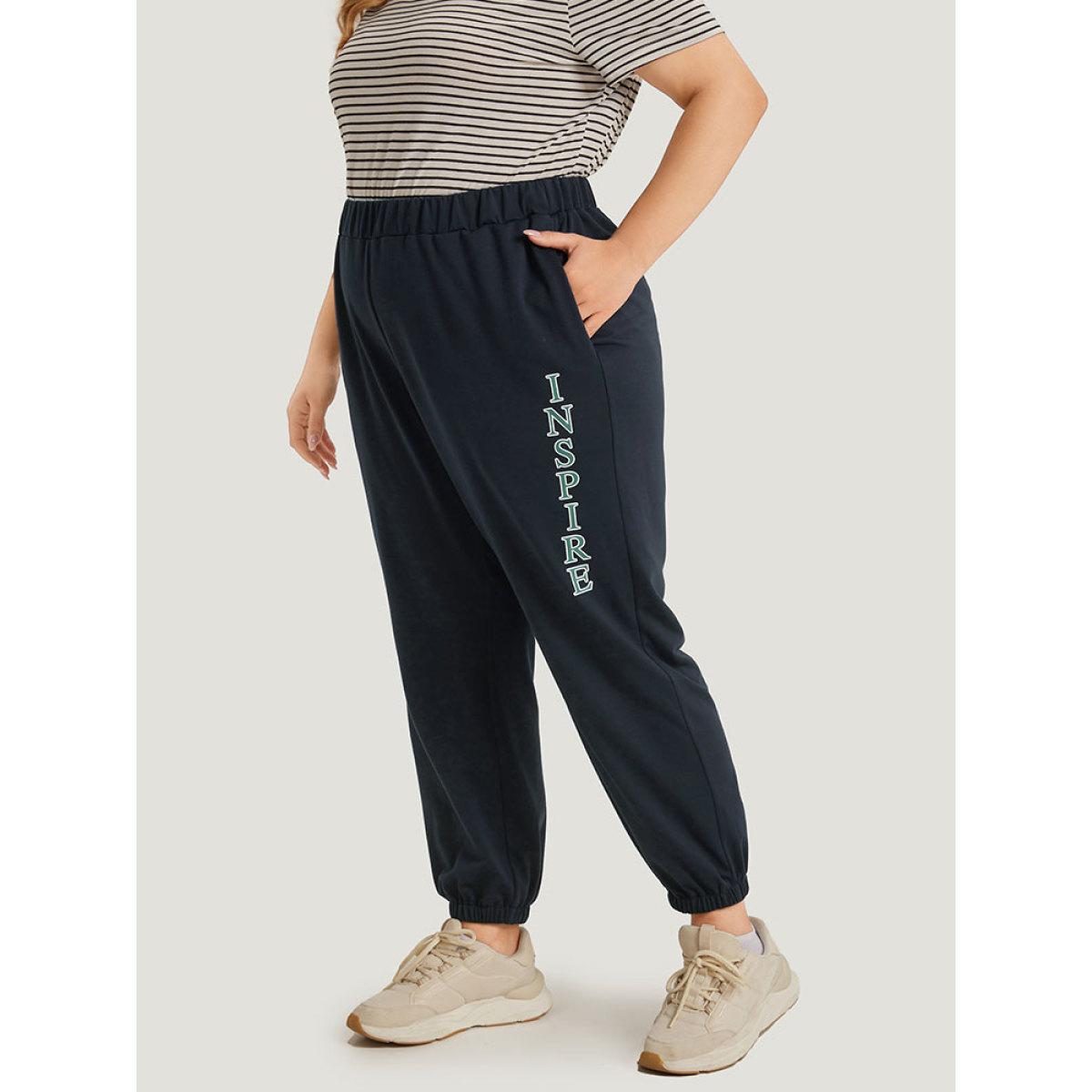 Letter Print Contrast Pocket Elastic Waist Sweatpants Midnight Plus Size Women Casual Dailywear Plain 28/5X Bloomchic Product Image