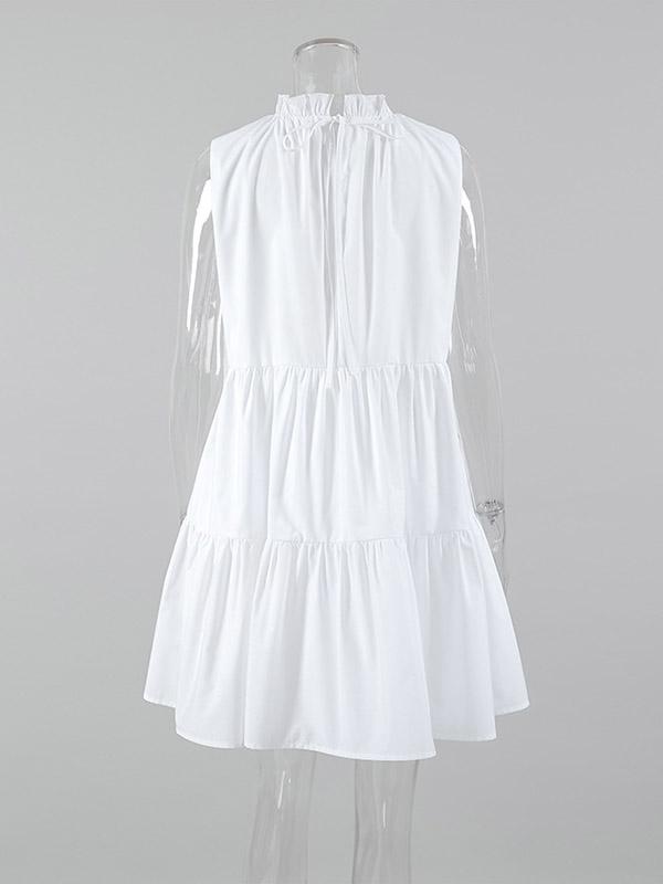 A-Line Loose Pleated Ruffled Solid Color Split-Joint Round-Neck Mini Dresses Shirt Dress Product Image