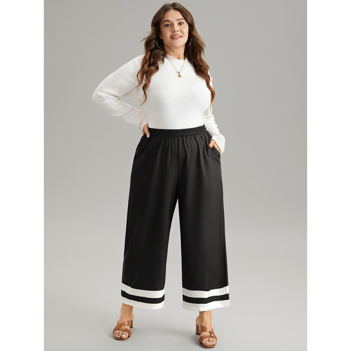 Plus Size Contrast Trim Slant Pocket Elastic Waist Pants Women Black Vacation Straight Leg High Rise Dailywear Pants BloomChic 14-16/1X Product Image
