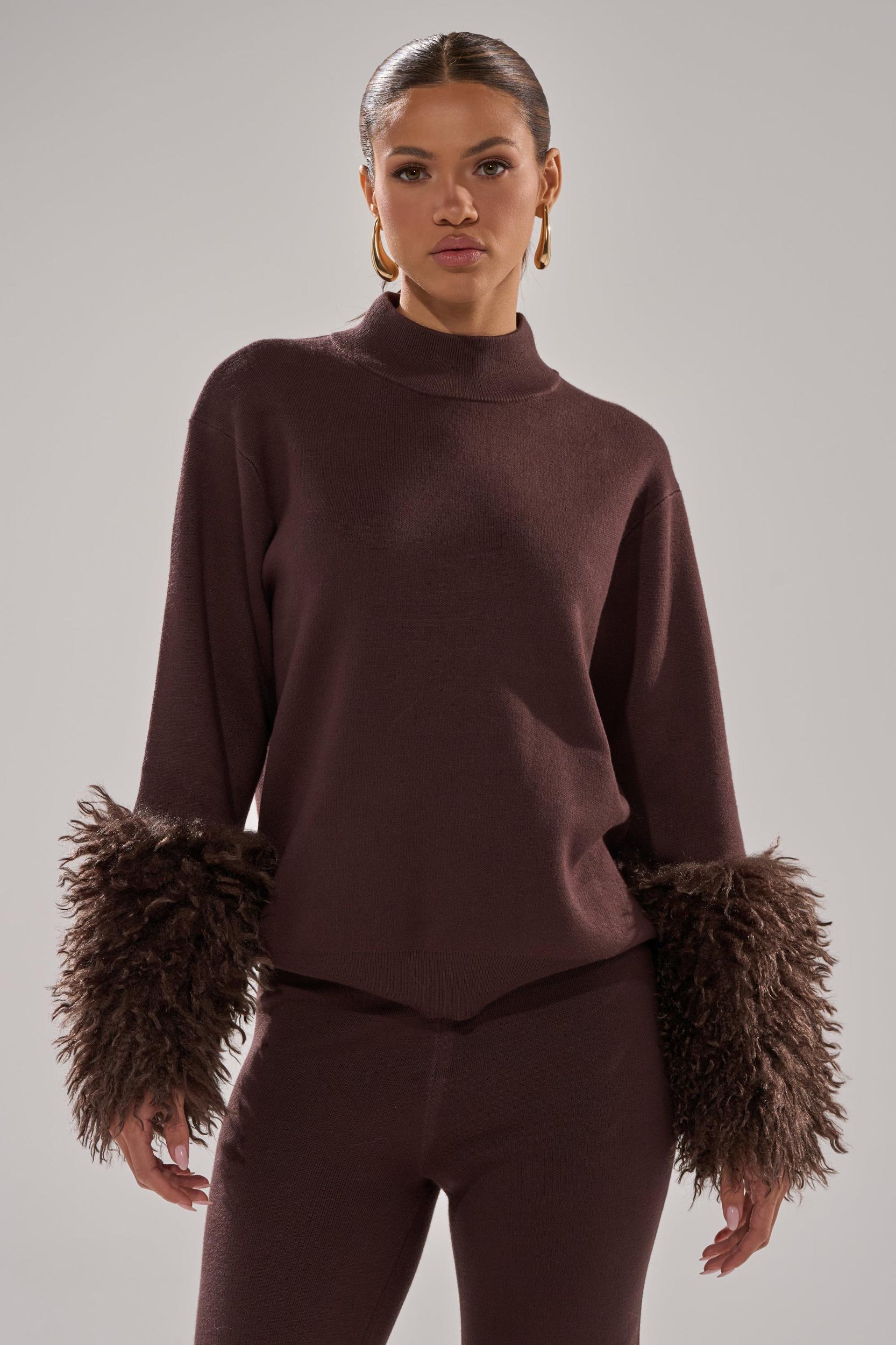 COZY VIBES SWEATER WITH FUR CUFF IN BROWN Product Image