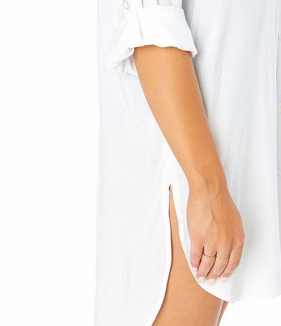 Anne Cole Solid Boyfriend Collared Neck Button Front Shirt Swim Cover-Up Product Image