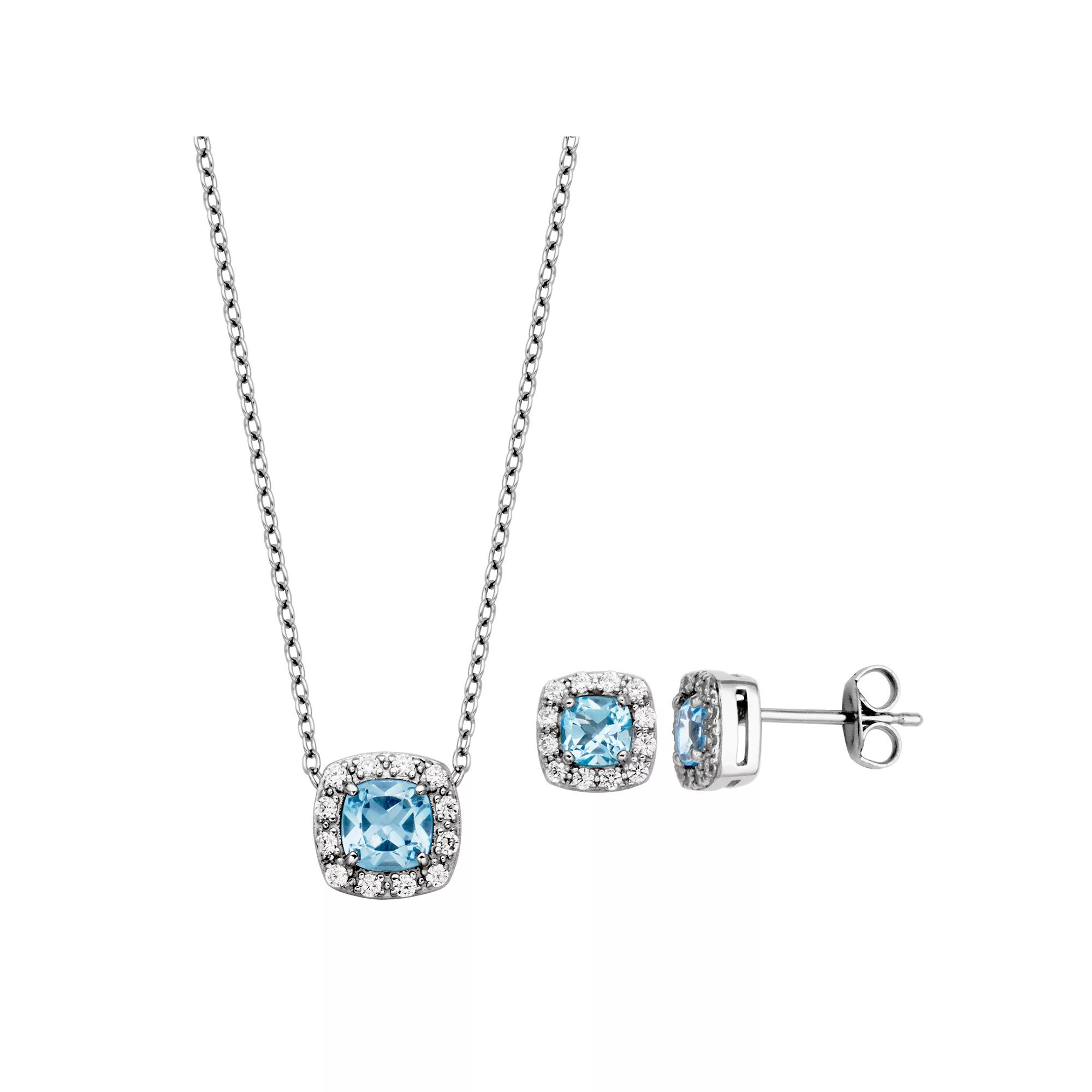 Sterling Silver Black Topaz & Cubic Zirconia Cushion Halo Pendant Necklace & Stud Earrings Set, Women's Product Image