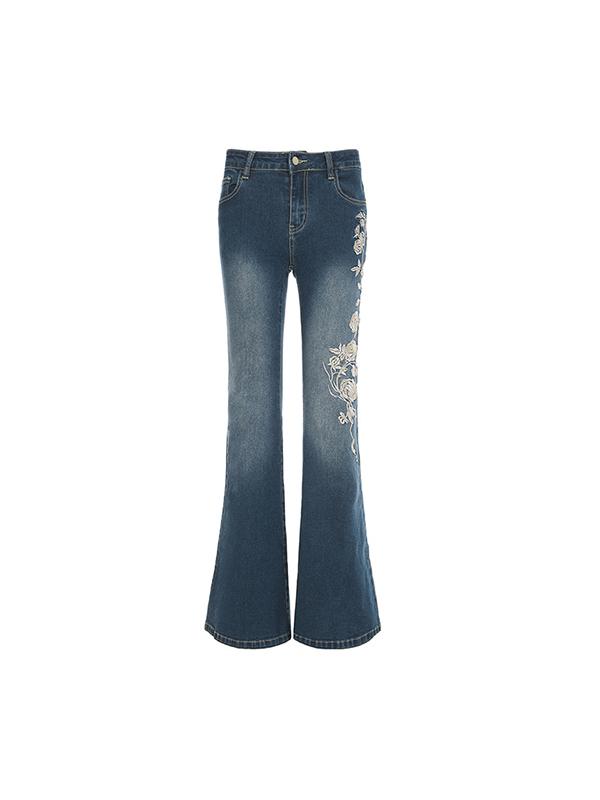 Rose Embroidery Vintage Gradient Flare Jeans Product Image