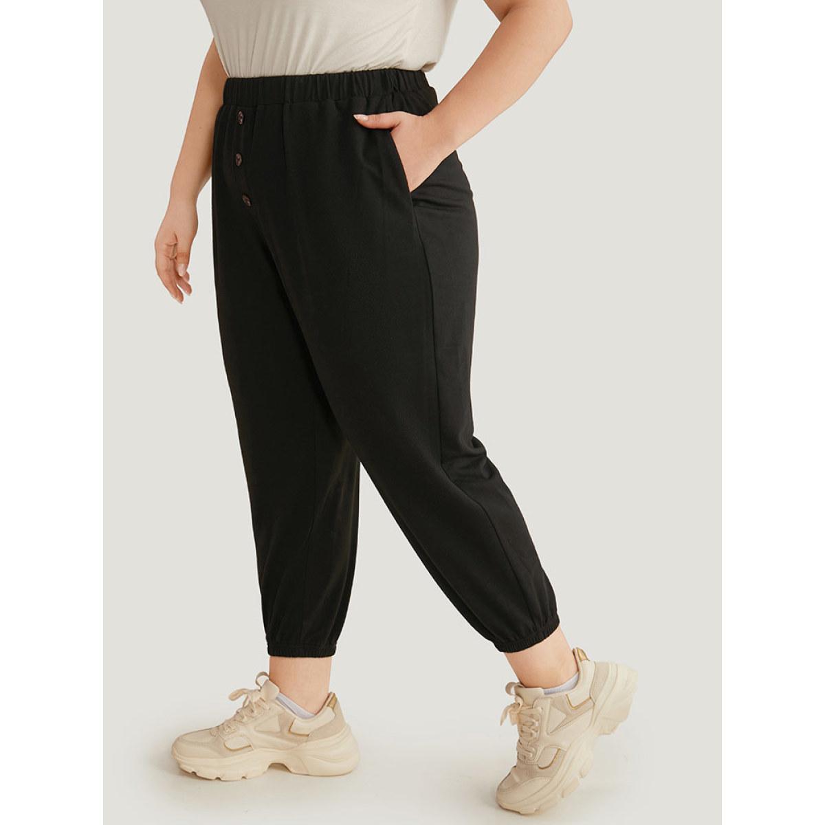 High Rise Button Detail Elastic Waist Sweatpant Black Plus Size Women Casual Dailywear Plain 10/M Bloomchic Product Image