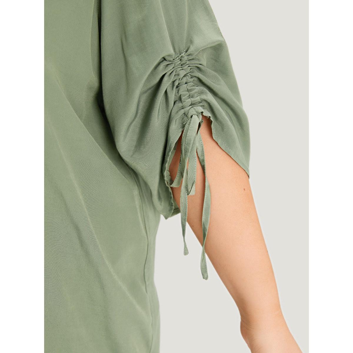 Plus Size Mint Supersoft Essentials Plain Notched Pleated Drawstring Blouse Women Office Half Sleeve Notched collar Work Blouses BloomChic 14-16/1X Product Image