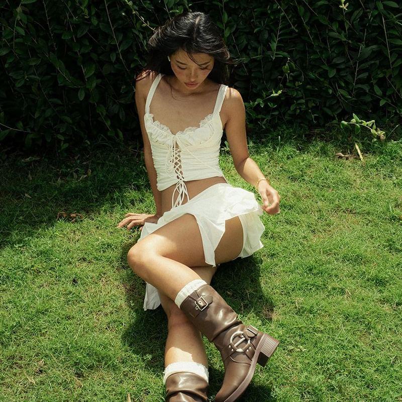 Scoop Neck Lace-Trim Plain Tie-Up Crop Tank Top / Low Waist Mini Skirt Product Image