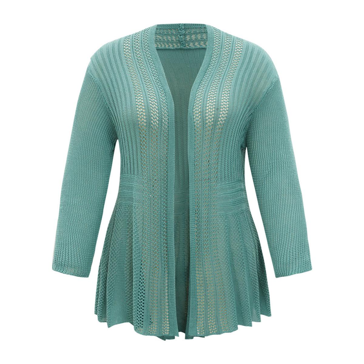 Plus Size Plain Hollow Out Drop Shoulder Open Front Cardigan Emerald Women Casual Loose Long Sleeve Everyday Cardigans BloomChic 22-24/3X Product Image