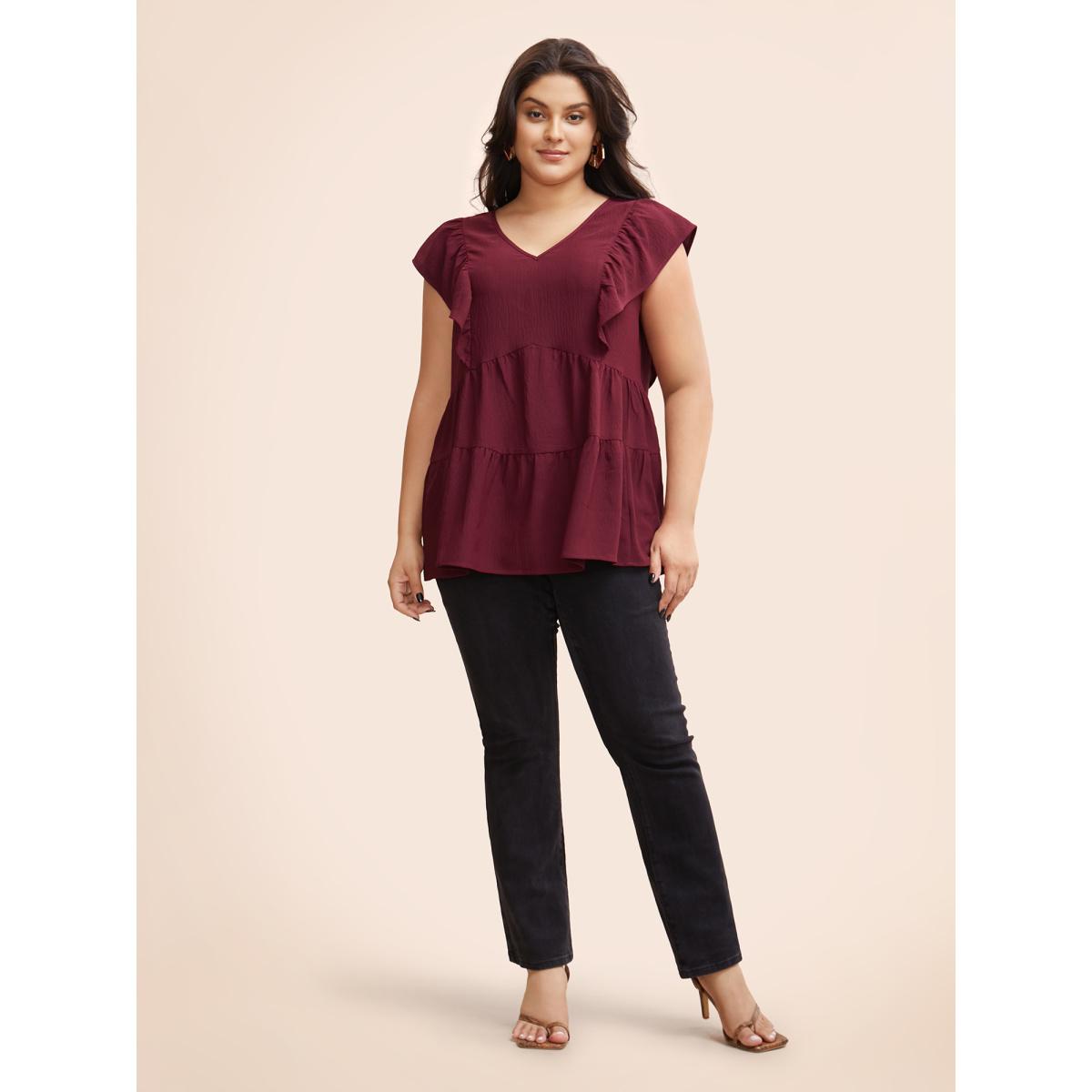 Plus Size Burgundy Solid Layered Hem Ruffle Cap Sleeve Blouse Women Elegant Cap Sleeve V-neck Everyday Blouses BloomChic 14-16/1X Product Image