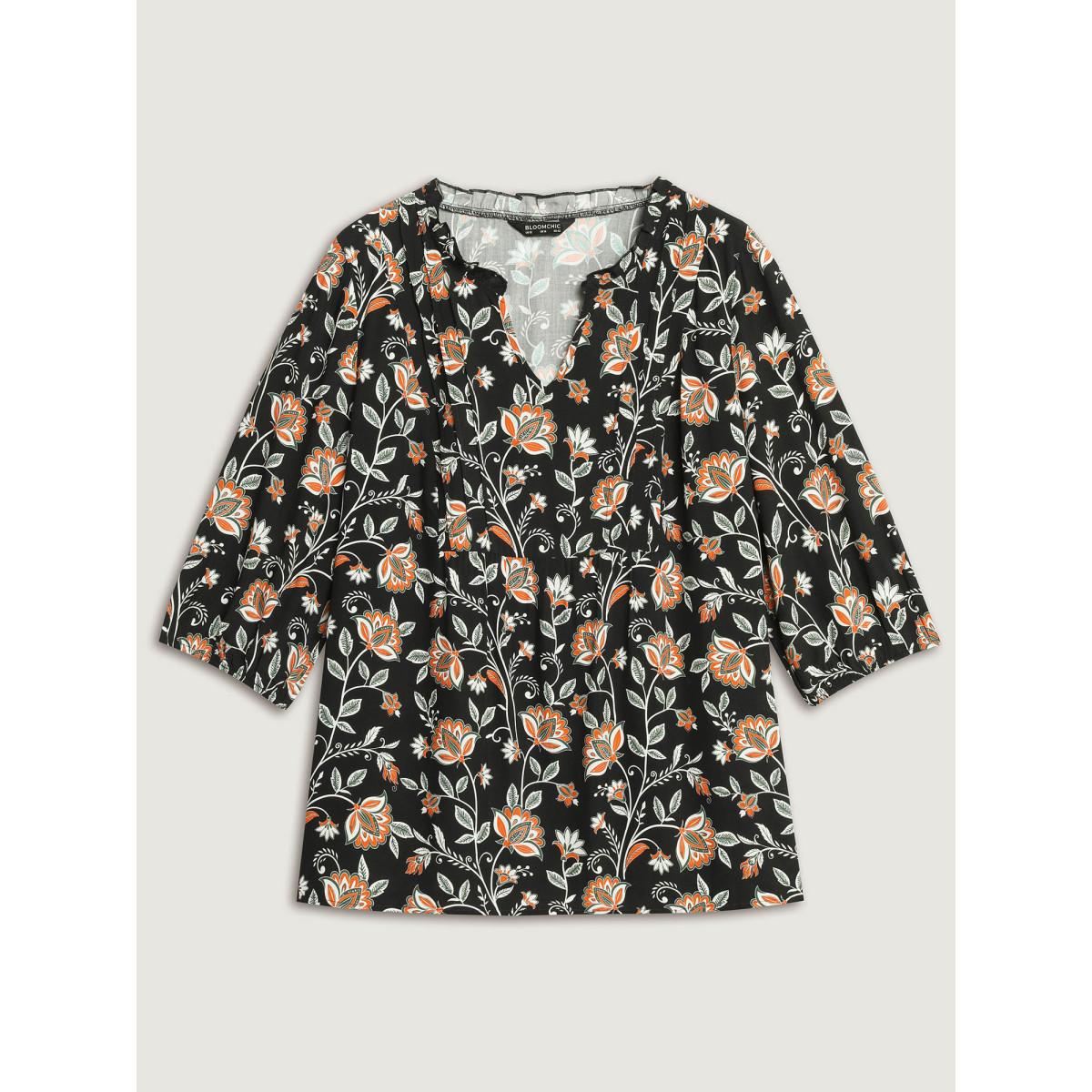 Plus Size Multicolor Floral Toothpick Pleats Flowy Blouse Women Elbow-length sleeve Notched collar Vacation Blouses BloomChic 26/4X Product Image