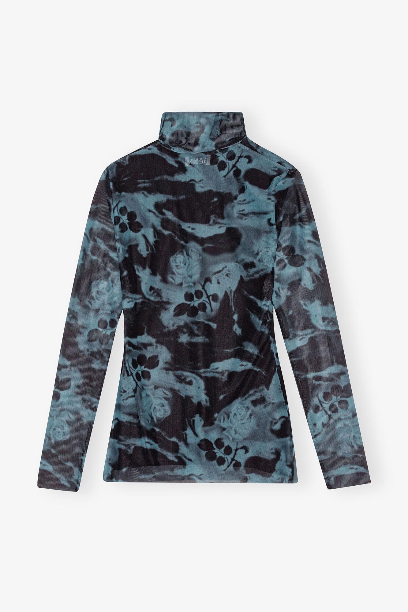 Blue Printed Mesh Long Sleeve Rollneck Product Image