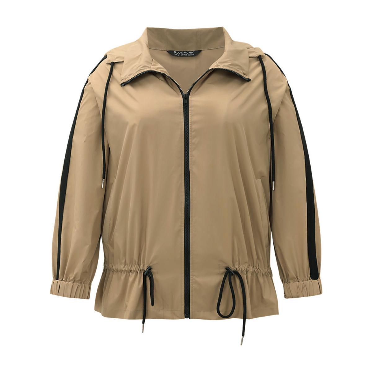 Plus Size Wind-Resistant Contrast Trim Drawstring Jacket Women Tan Elastic cuffs Pocket Dailywear Jackets BloomChic 28/5X Product Image