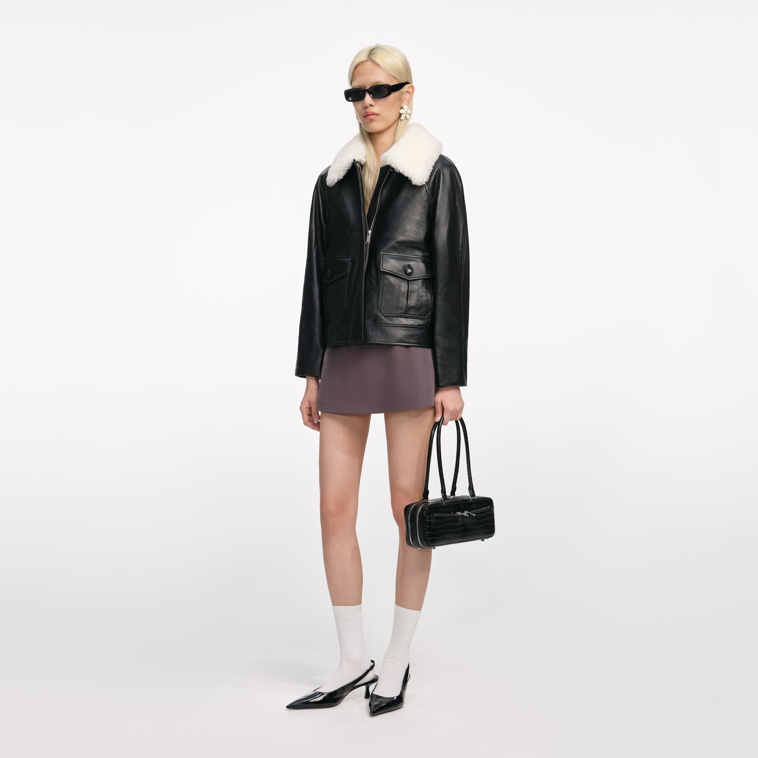 Black Leather Fur Collar Jacket Product Image