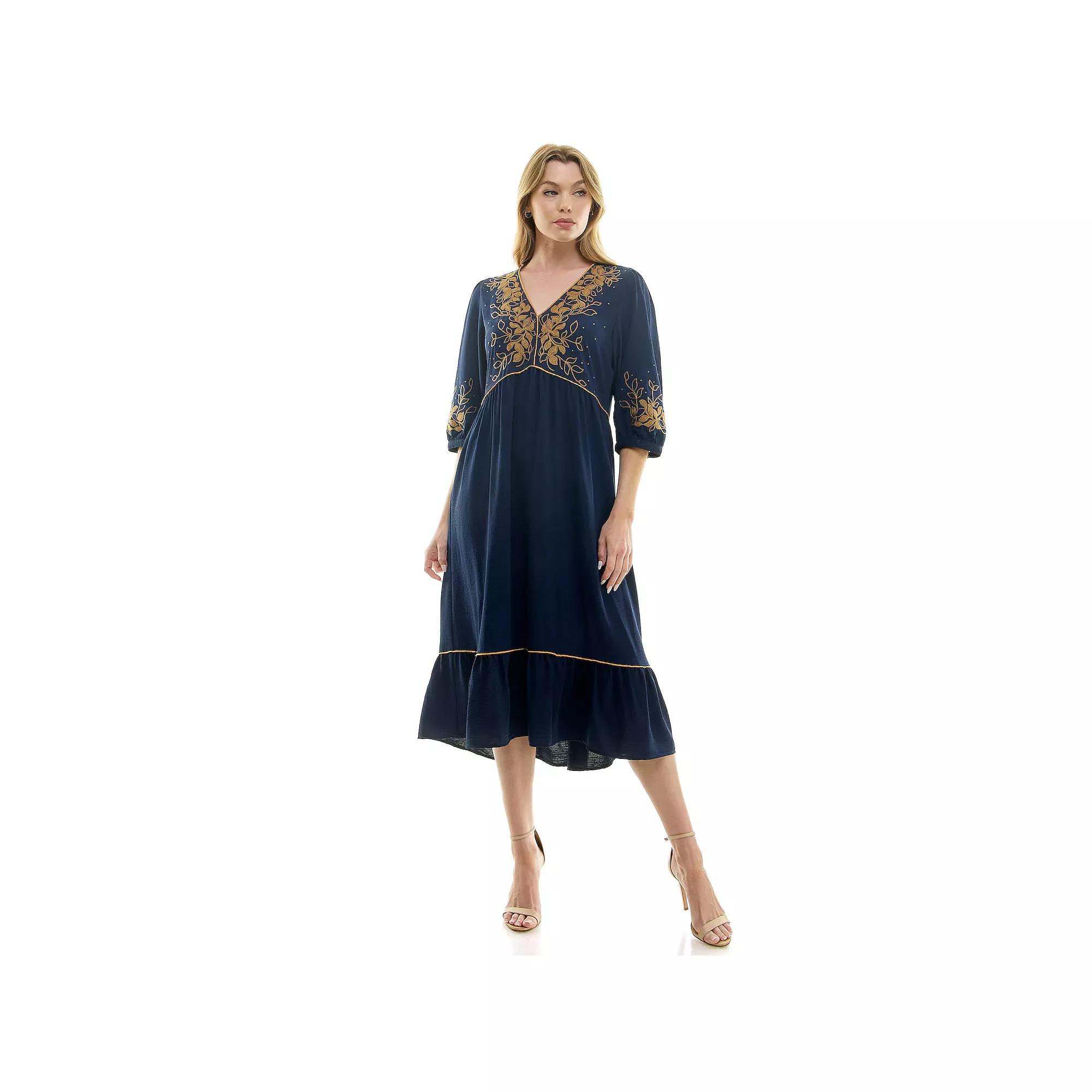 Women's Figueroa & Flower Elbow Sleeve Embroidered Peasant Dress,  Product Image
