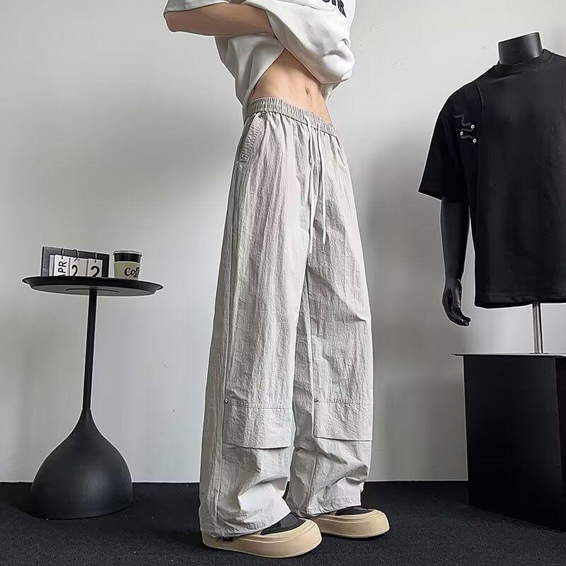 Drawstring Waist Plain Paneled Wide Leg Pants Product Image