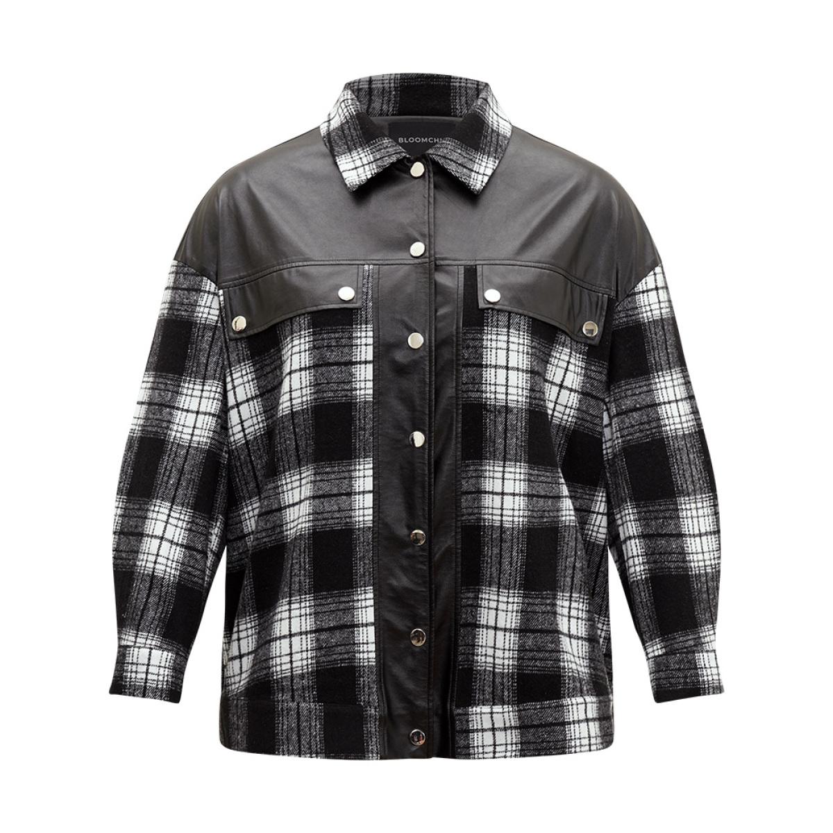 Plus Size Plaid Patchwork Contrast Button Up Shacket Women Black Contrast Pocket Dailywear Jackets BloomChic 18-20/2X Product Image