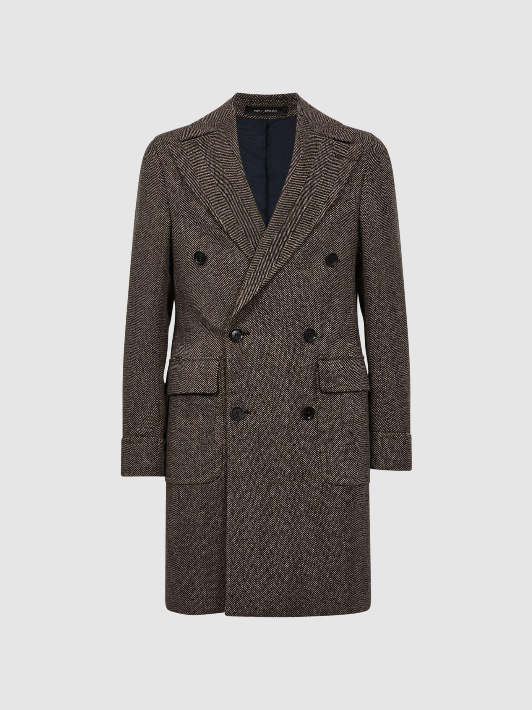 Oscar Jacobson Double Breasted Wool Herringbone Coat in Dark Brown Product Image