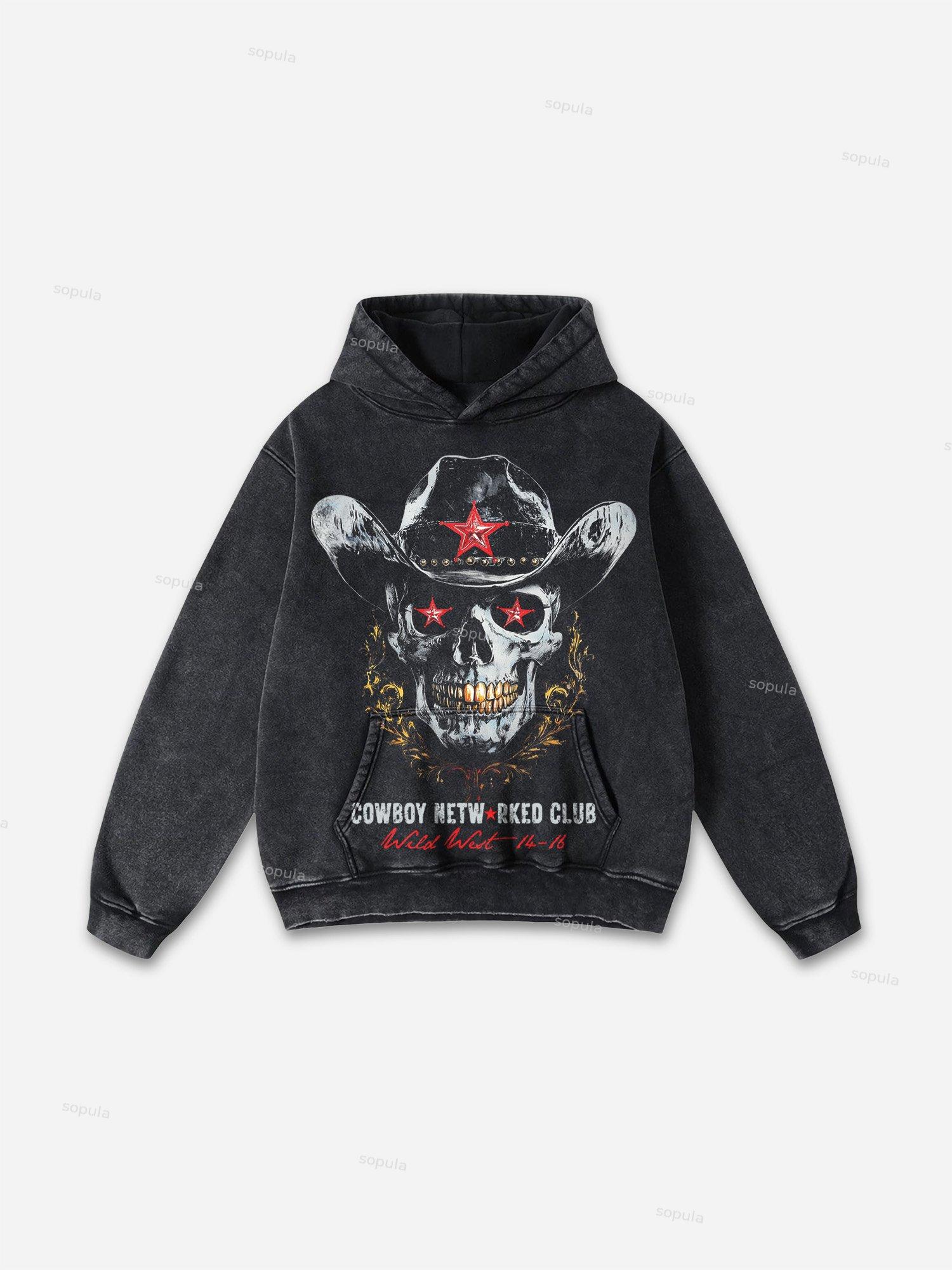 Men's Vintage Wild West Skull Graphic Washed Hoodie Product Image