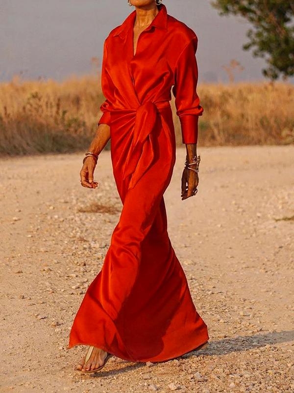 Long Sleeves Loose Solid Color Lapel Collar Maxi Shirt Dresses Product Image