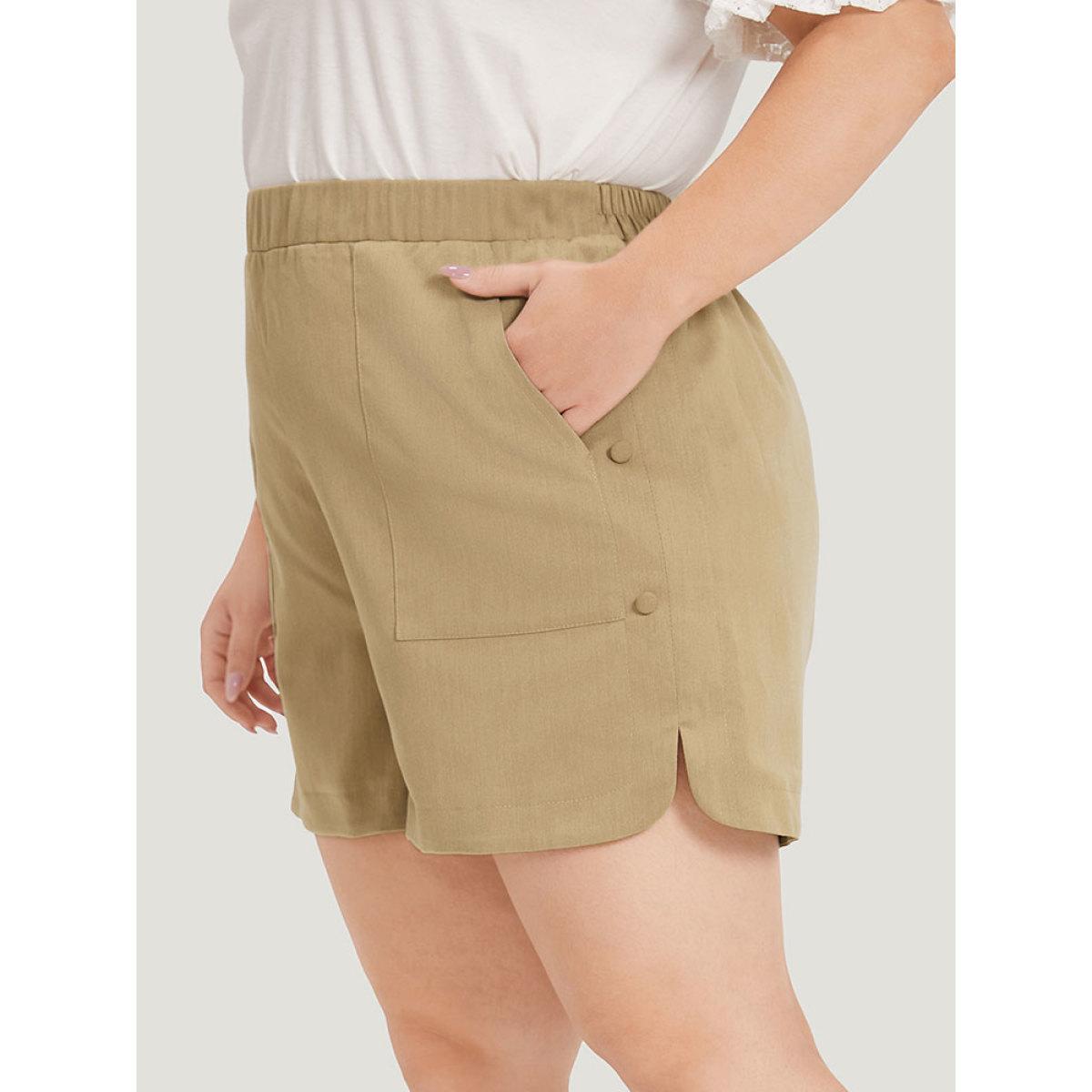 Plus Size Plain Slant Pocket Curved Hem Button Detail Shorts Women LightBrown Elegant Plain Dailywear Shorts BloomChic 22-24/3X Product Image
