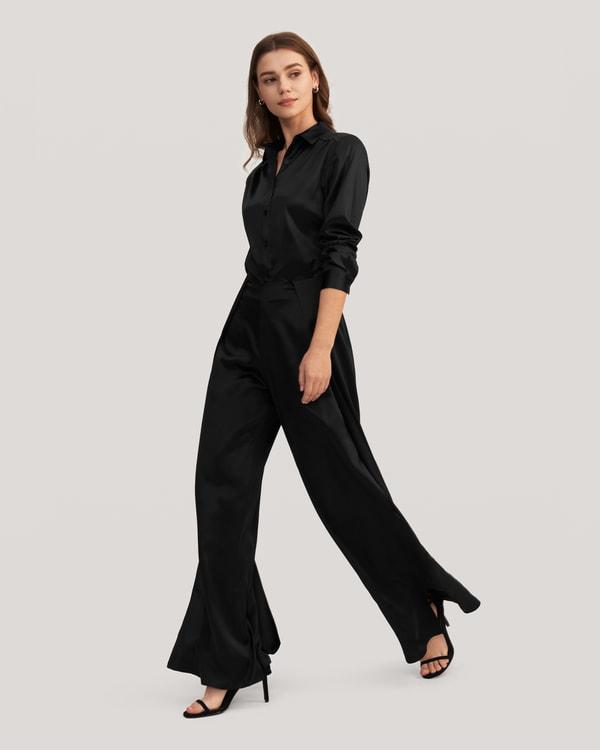 Long Sleeves Collared Silk Blouse Product Image