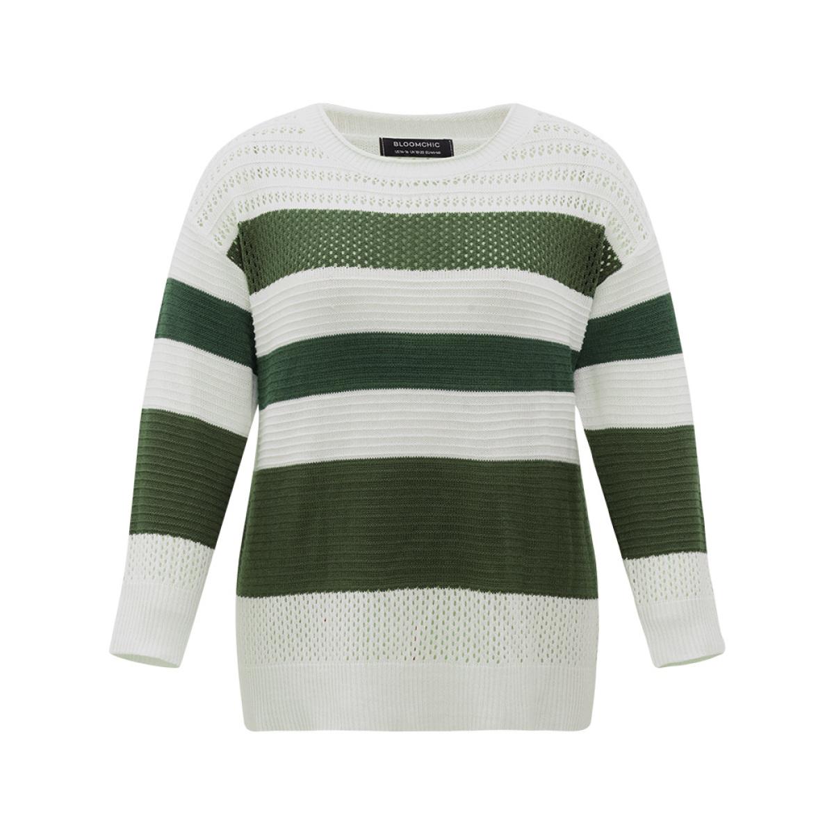 Plus Size Two Tone Colorblock Patchwork Cut Out Pullover Ivory Women Casual Loose Long Sleeve Round Neck Dailywear Pullovers BloomChic 12/L Product Image