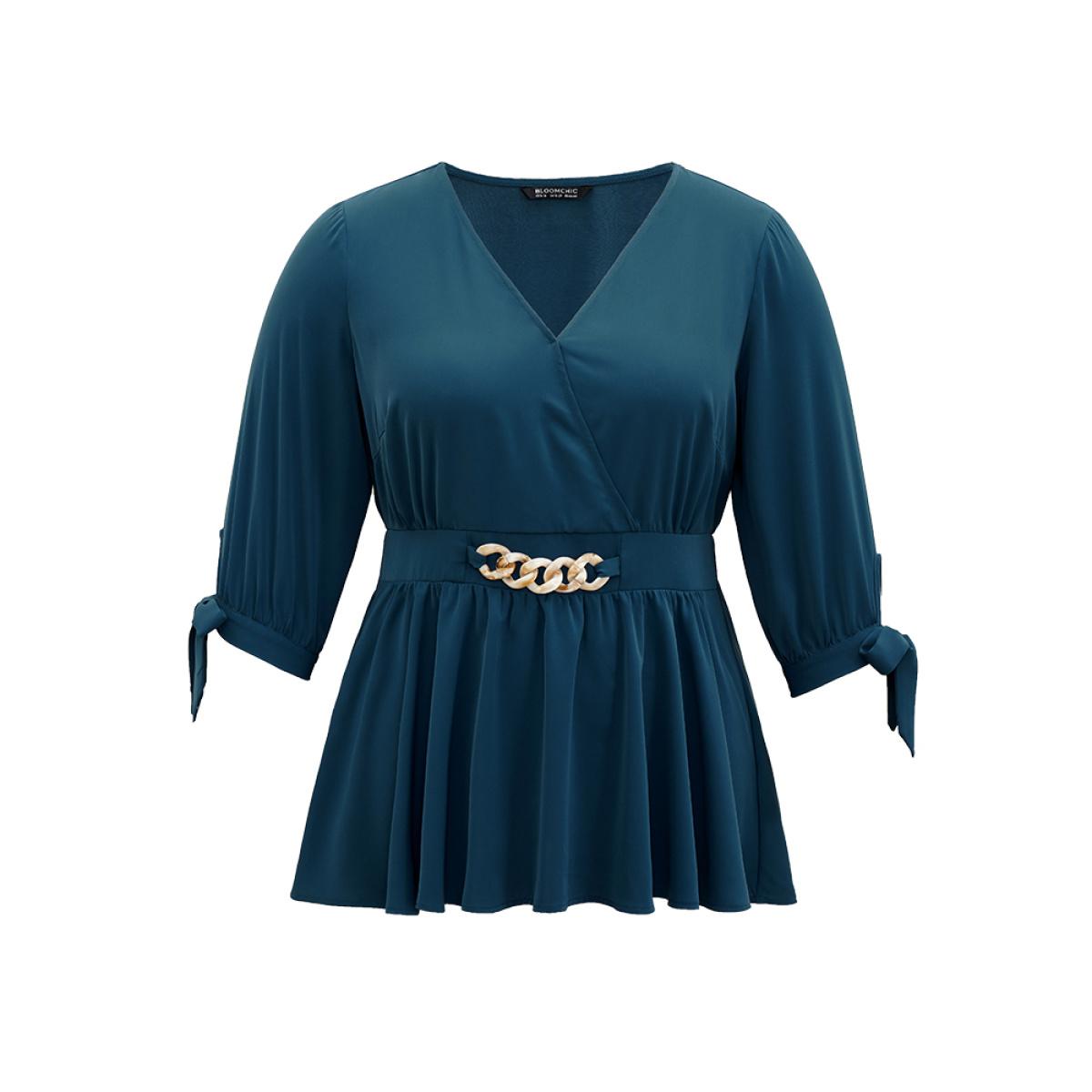 Plus Size Cyan Plain Bowknot Ties Buckle Detail Wrap Blouse Women Office Elbow-length sleeve V-neck Office Blouses BloomChic 10/M Product Image
