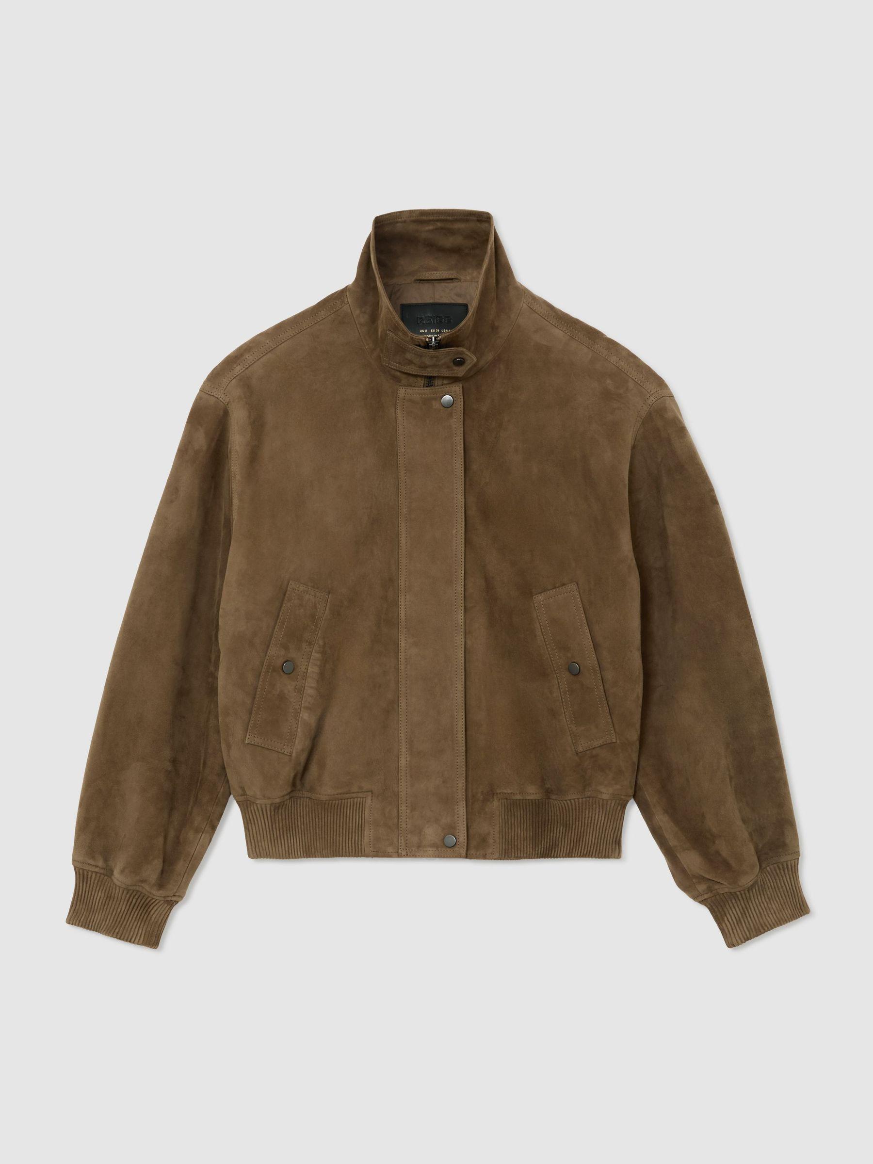 Petite Suede Funnel-Neck Bomber Jacket in Neutral Product Image