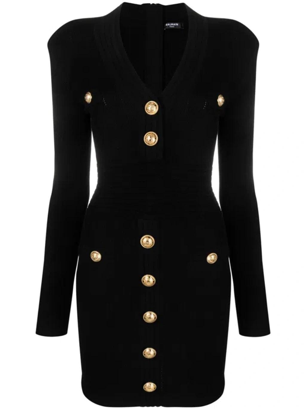 BALMAIN Mini Black Dress With Golden Buttons In Stretch Viscose Woman In Opa Noir Product Image