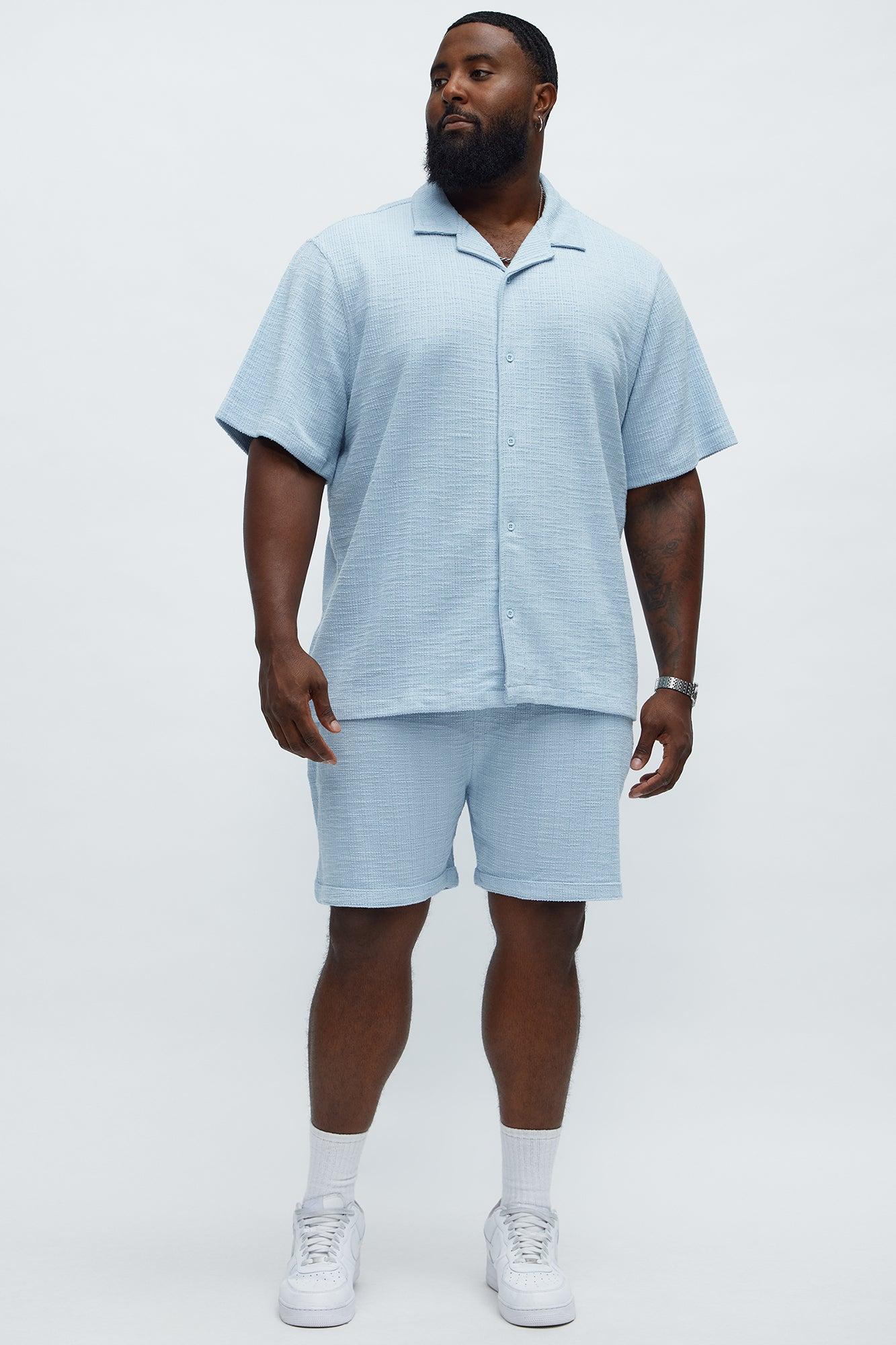 Dean Textured Short Sleeve Button Up Shirt - Light Blue Product Image
