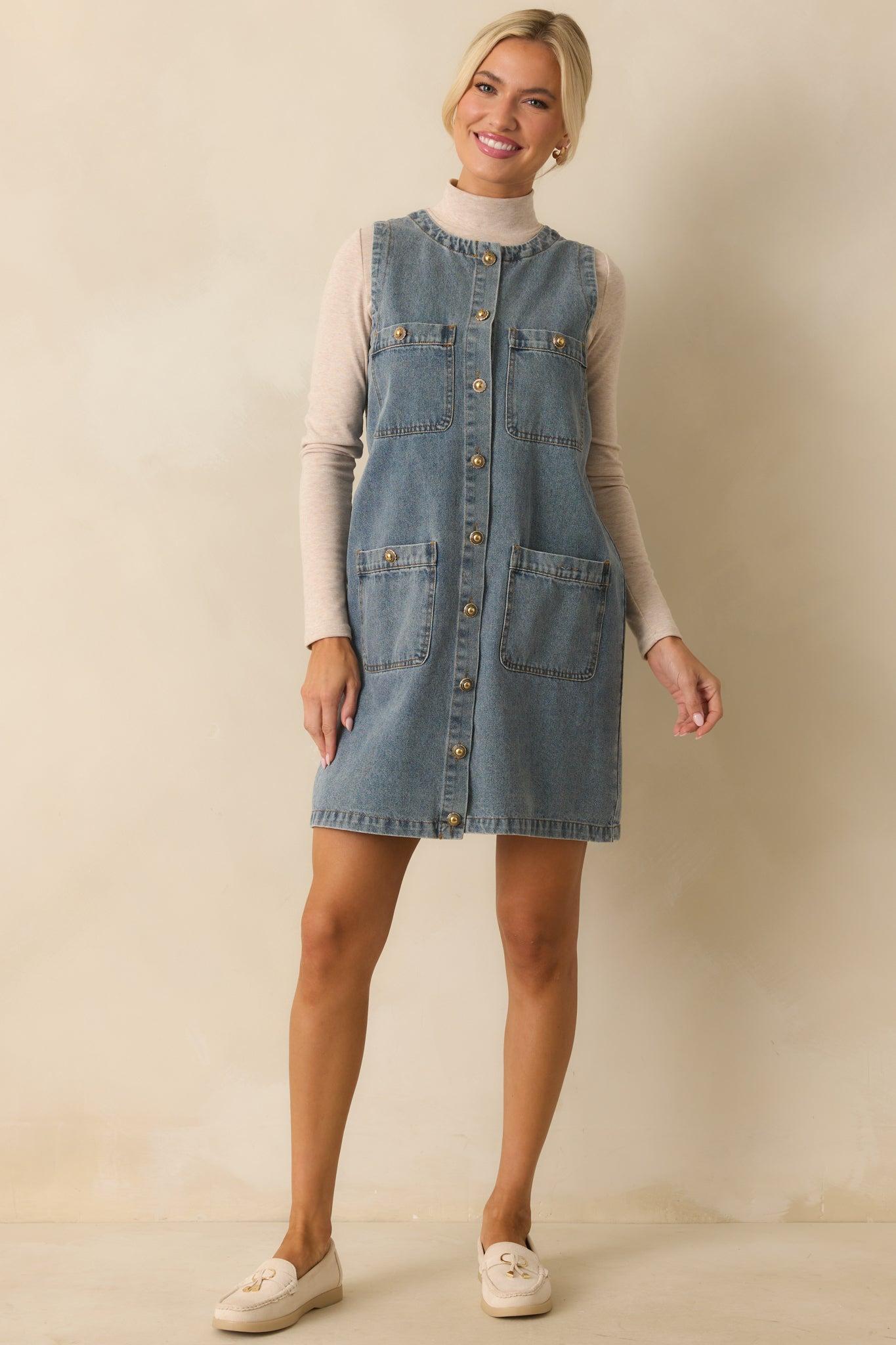 Urban Legend Medium Wash Button Front Denim Mini Dress Product Image