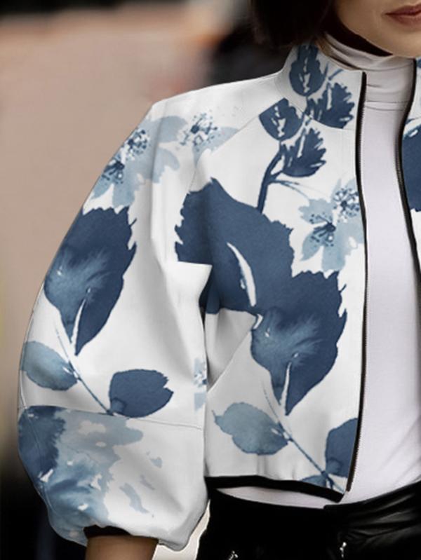 Loose Puff Sleeves Floral Printed Stand Collar Jackets Outerwear Product Image