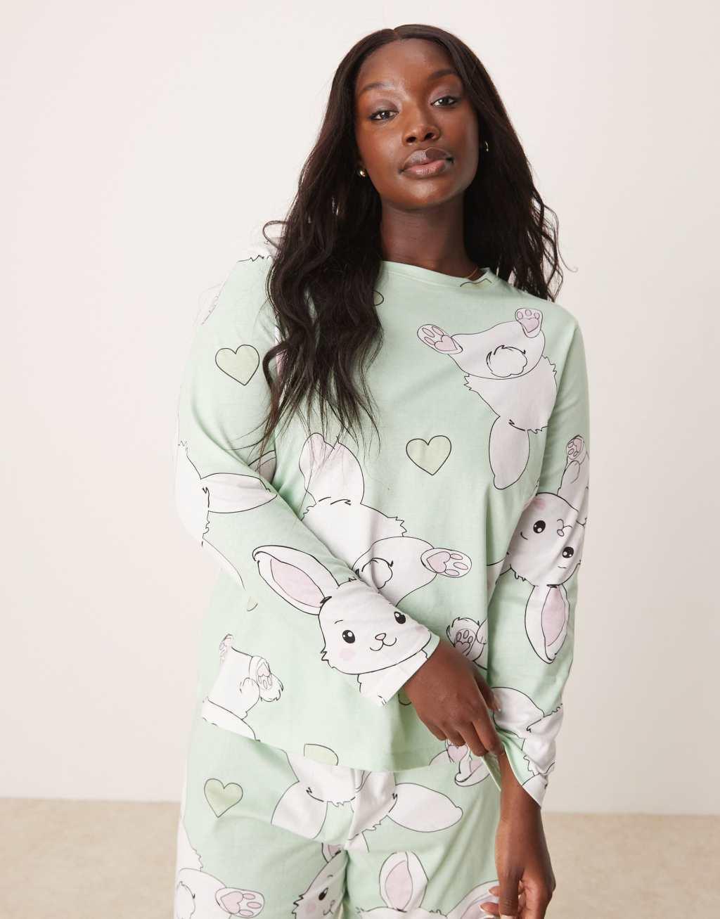 ASOS DESIGN Curve bunny long sleeve top & pants pajama set in gray Product Image