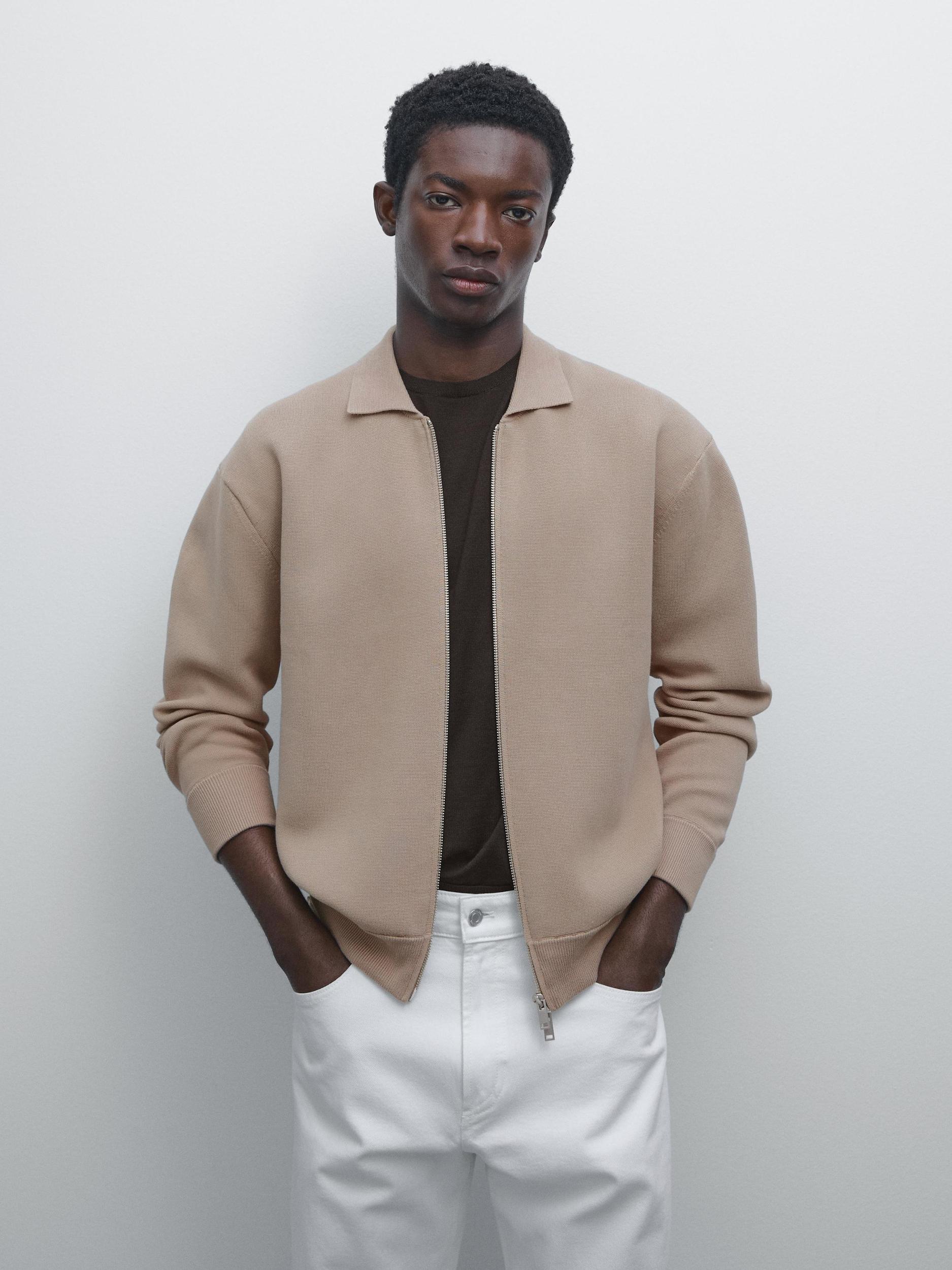 Cotton blend zip-up knit cardigan Product Image