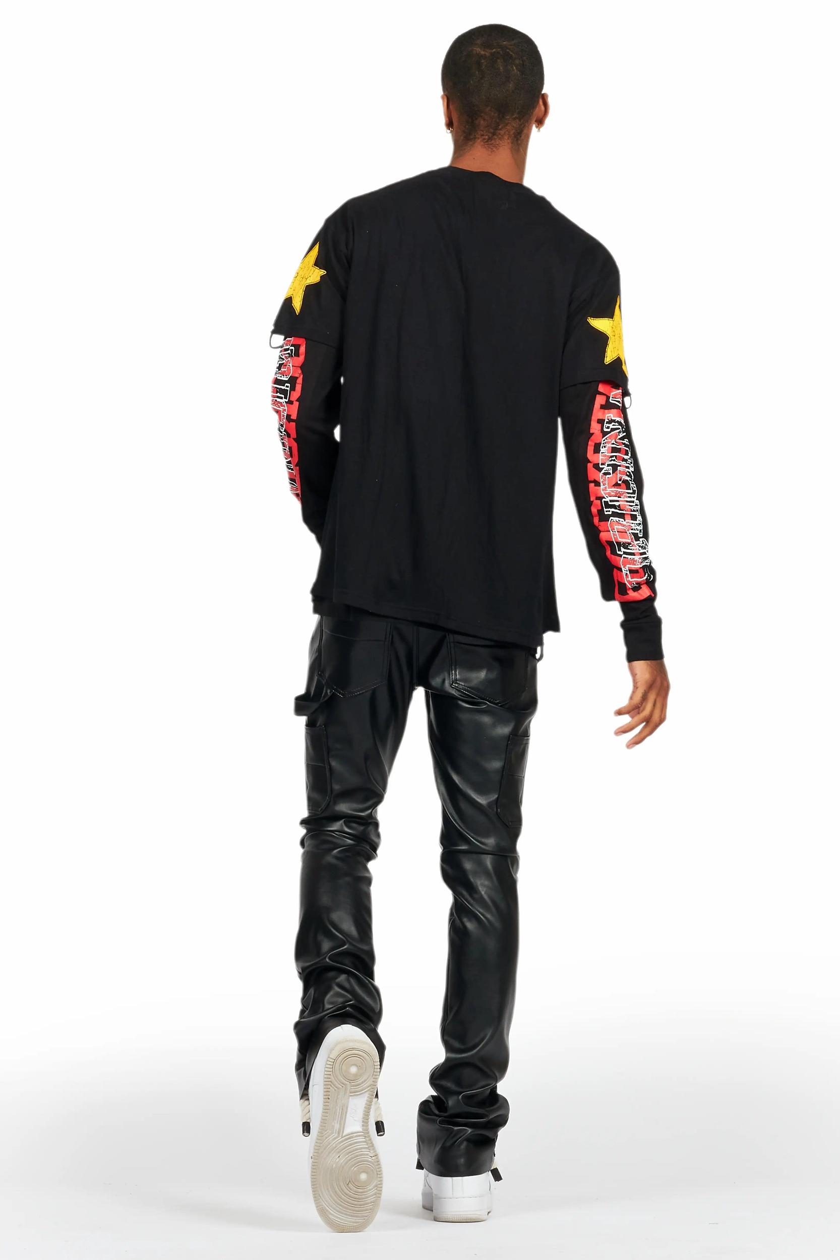 Quatz Black Leather Stacked Flare Jean Male Product Image