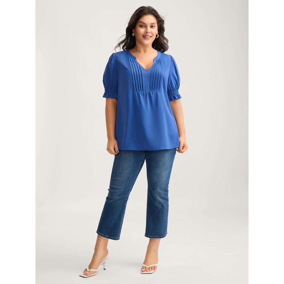Plus Size DarkBlue Shirred Cuffs Pintuck Pleats Solid Blouse Women Short sleeve Flat collar with V-notch Work Blouses BloomChic 18-20/2X Product Image