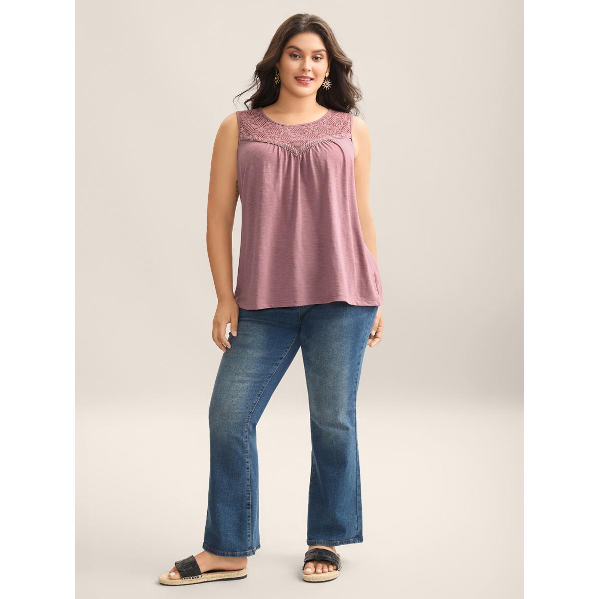 Plus Size Plain Stretchy Lace Tank Top Women Deeppurplered Boho Woven ribbon&lace trim Round Neck Vacation Tank Tops Camis BloomChic 26/4X Product Image