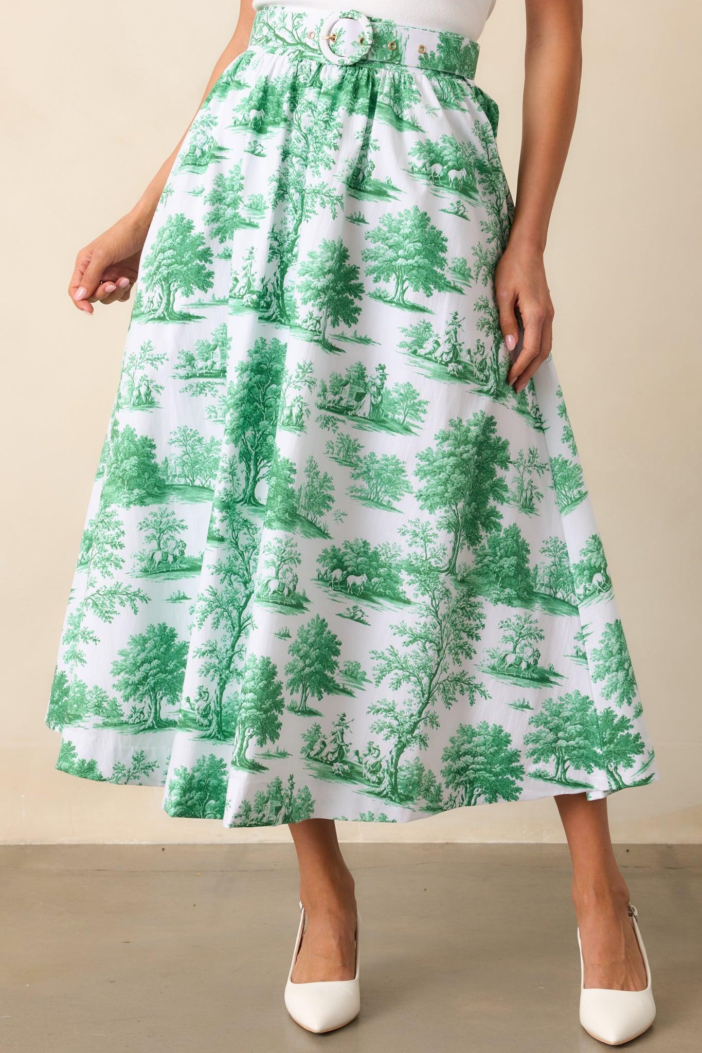 Thena Eden Green Toile Cotton Belted Midi Skirt Product Image