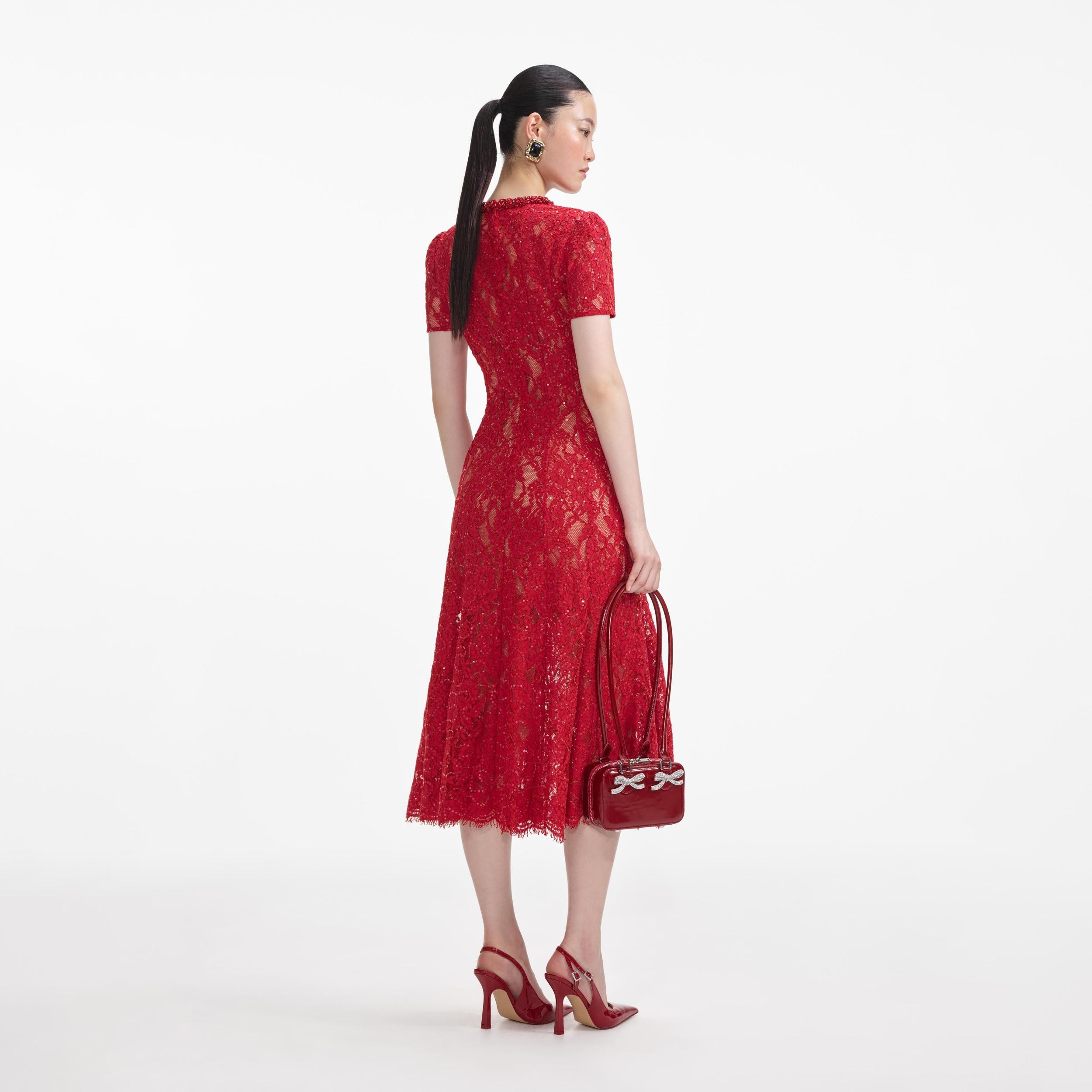 Red Sequin Lace Midi Dress Product Image