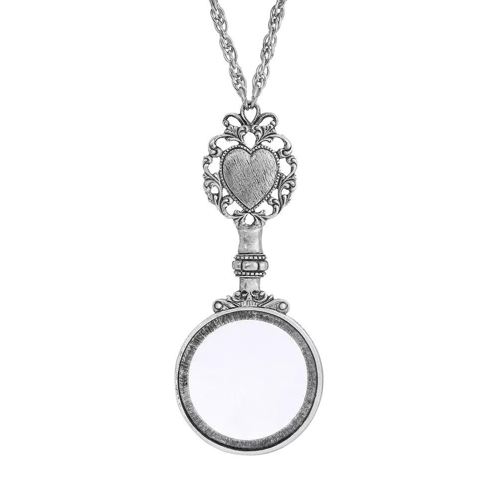 1928 Filigree Heart Magnifying Glass Necklace, Womens, Silver Tone Product Image