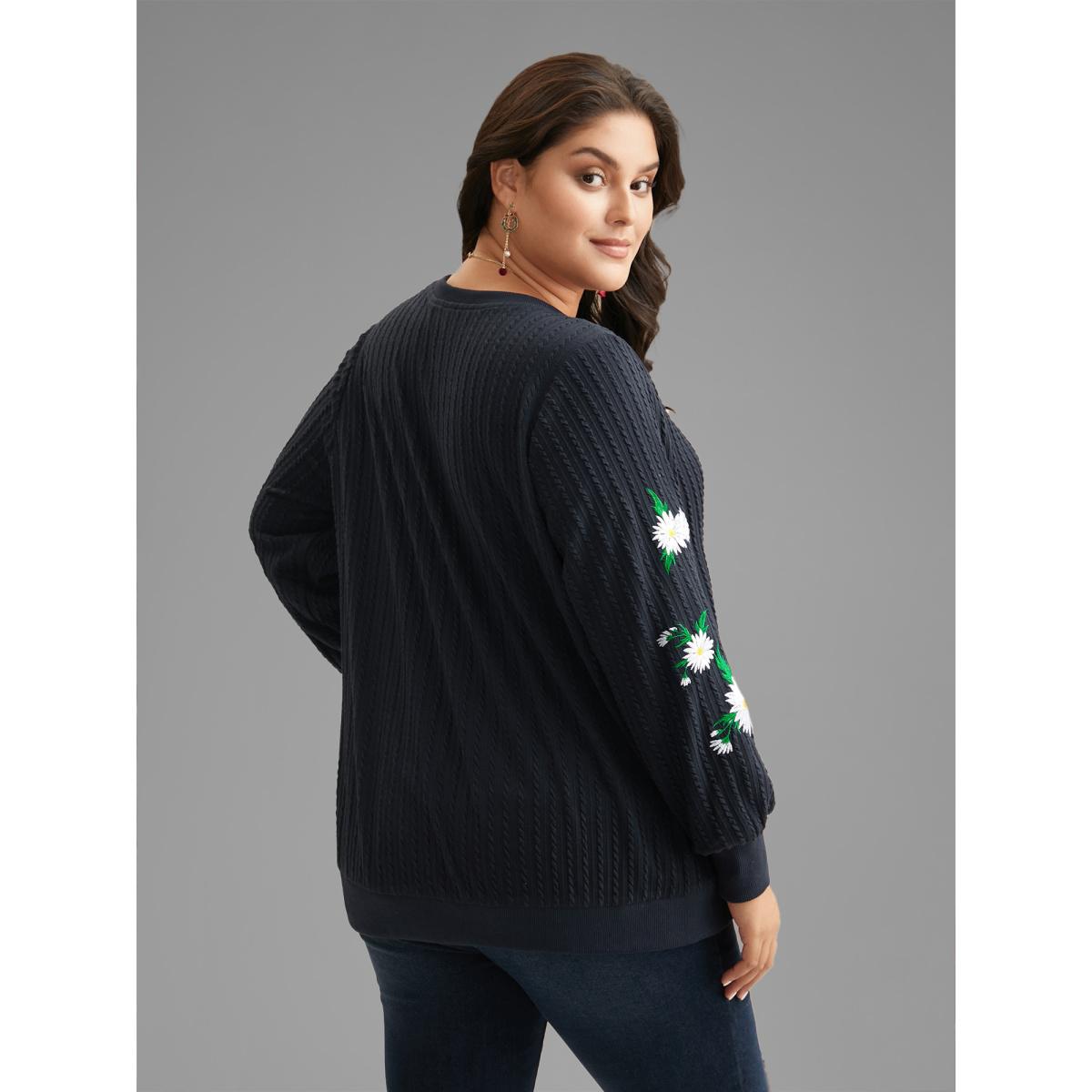 Plus Size Floral Embroidered Sleeves Sweatshirt Women Indigo Casual Texture Round Neck Everyday Sweatshirts BloomChic 10/M Product Image
