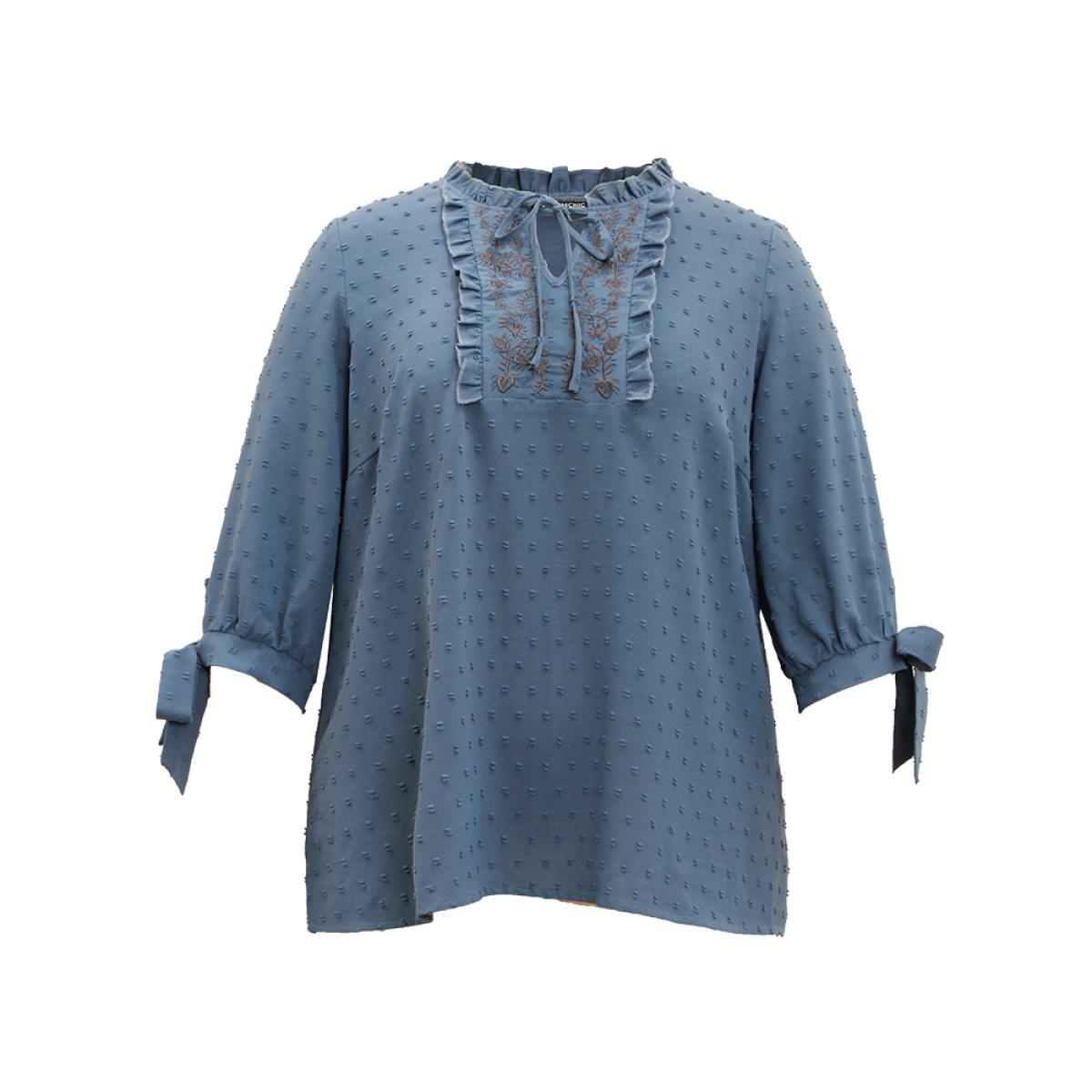 Plus Size Stone Textured Embroidered Frill Trim Tie Neck Blouse Women Vacation Long Sleeve Tie Neck Dailywear Blouses BloomChic 28/5X Product Image