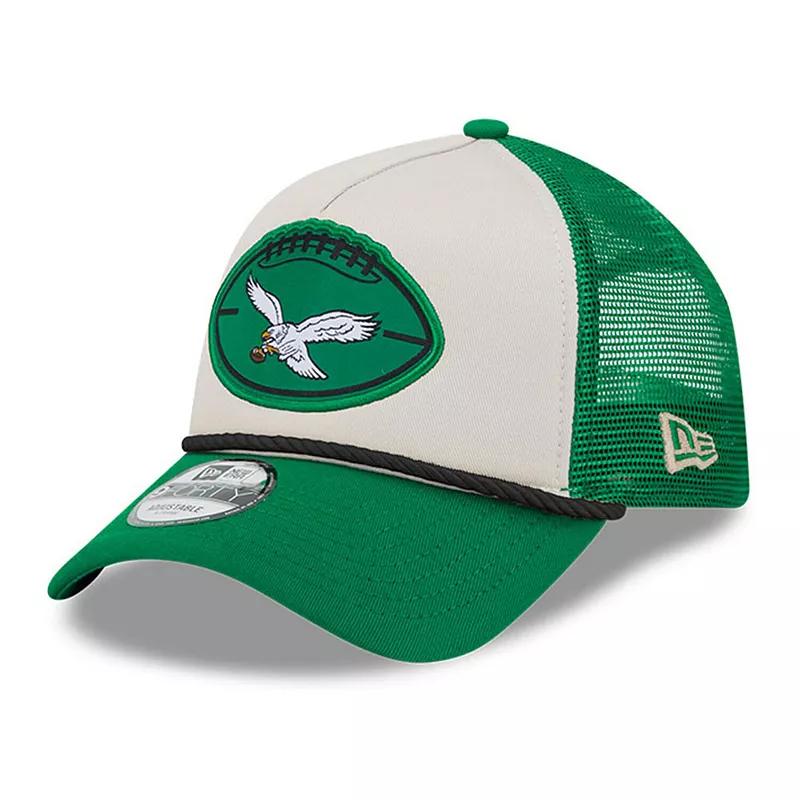 Men's New Era Stone/Kelly Green Philadelphia Eagles 2024 Sideline Historic 9FORTY A-Frame Trucker Adjustable Hat, Team Product Image