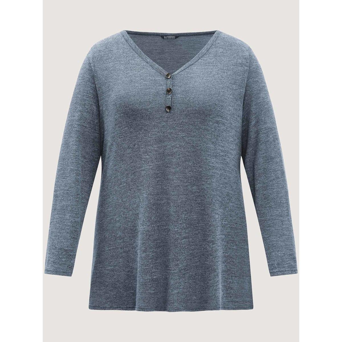 Plus Size Heather Button Up Long Sleeve T-shirt Cerulean Women Leisure Heather Plain Casual T-shirts BloomChic 10/M Product Image