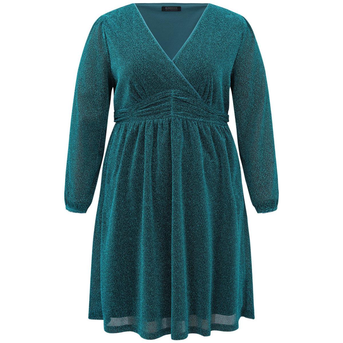 Plus Size Glitter Overlap Collar Pocket Ruched Dress Teal Women Elegant Elastic cuffs V-neck Long Sleeve Curvy Midi Dress BloomChic 22-24/3X Product Image