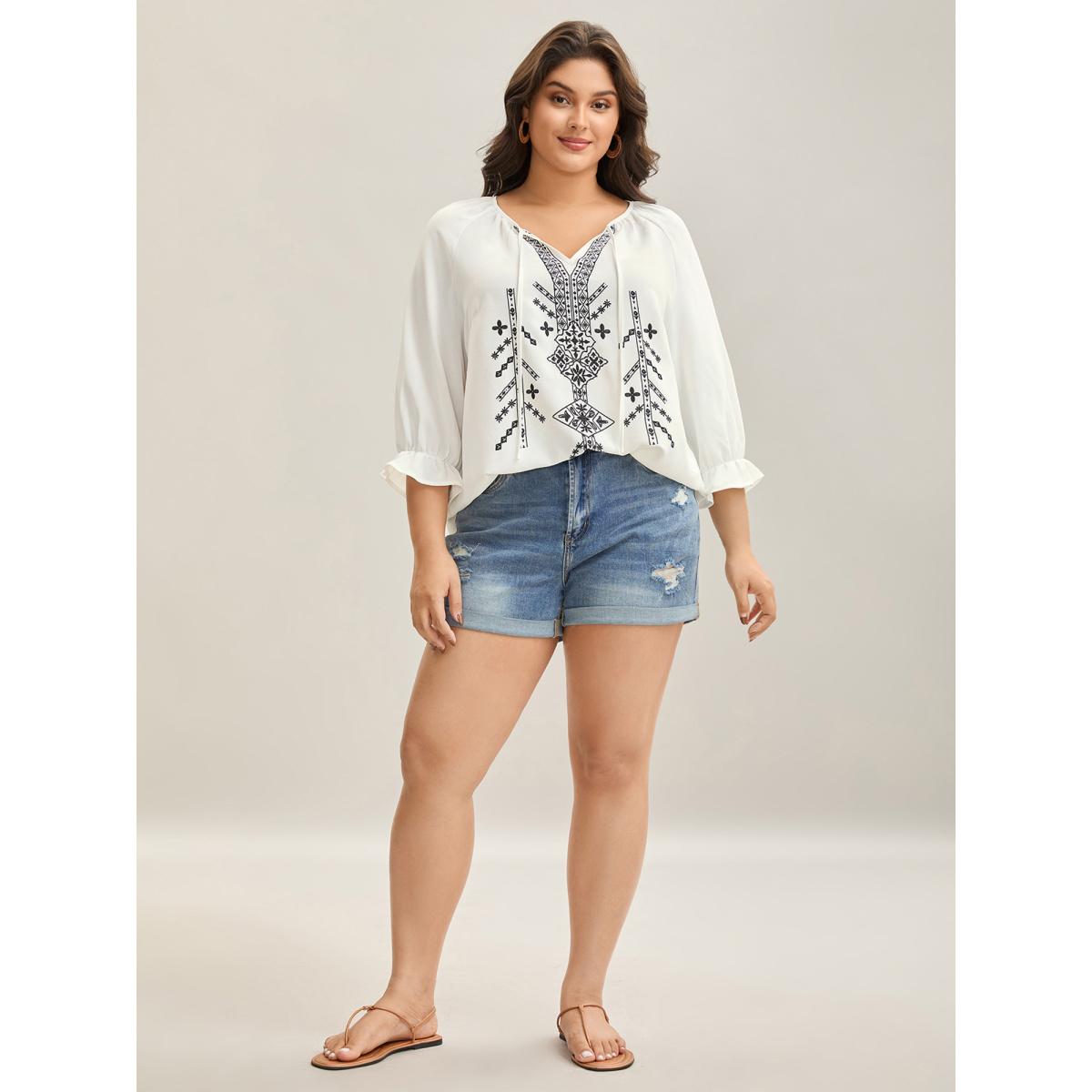 Plus Size Originalwhite Boho Print Neck Tassels Shirt Women Boho Elbow-length sleeve Notched collar Vacation Blouses BloomChic 10/M Product Image