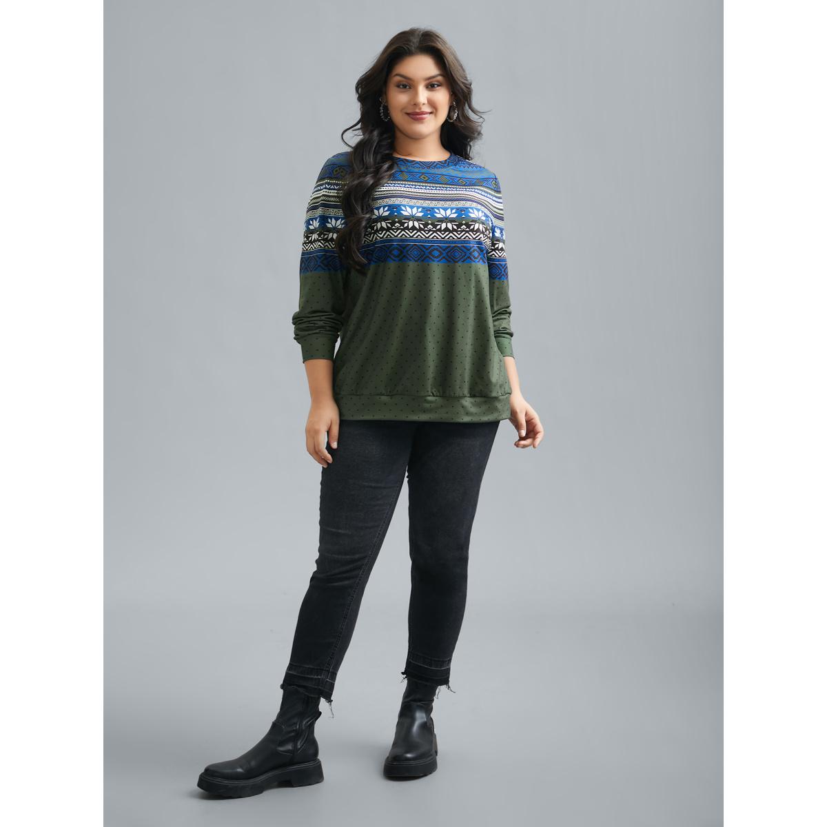 Plus Size Round Neck Geometric Polka Dot Patchwork Sweatshirt Women Multicolor Casual Contrast Round Neck Everyday Sweatshirts BloomChic 22-24/3X Product Image