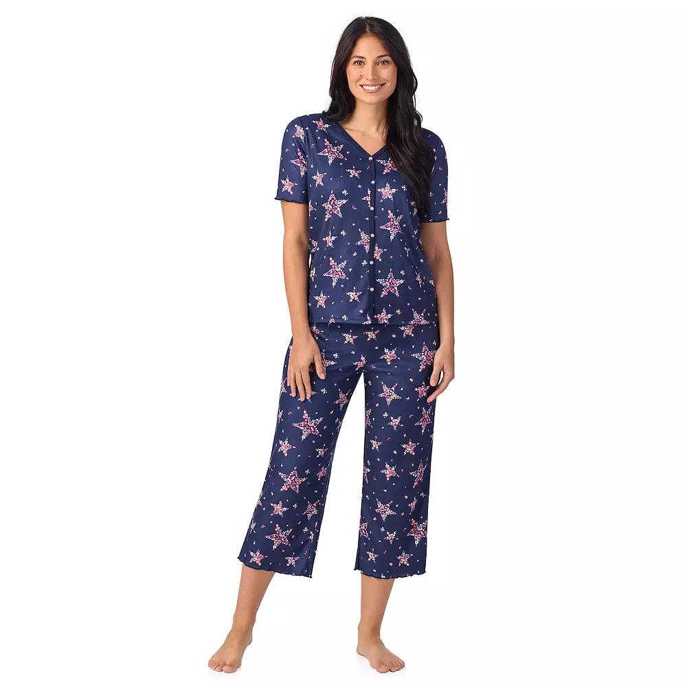 Women's Cuddl Duds® Pointelle Button-Front Pajama Top & Cropped Pajama Bottoms Set, Size: Small, Blue Stars Product Image